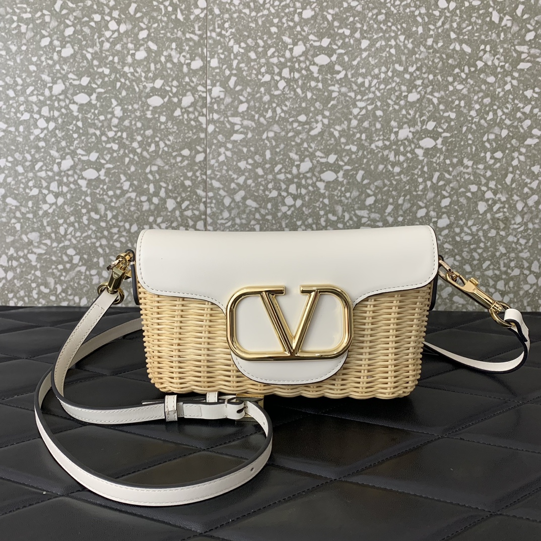 Valentino Garavani Loco Small Shoulder Bag in Ivory Woven Synthetic Wicker